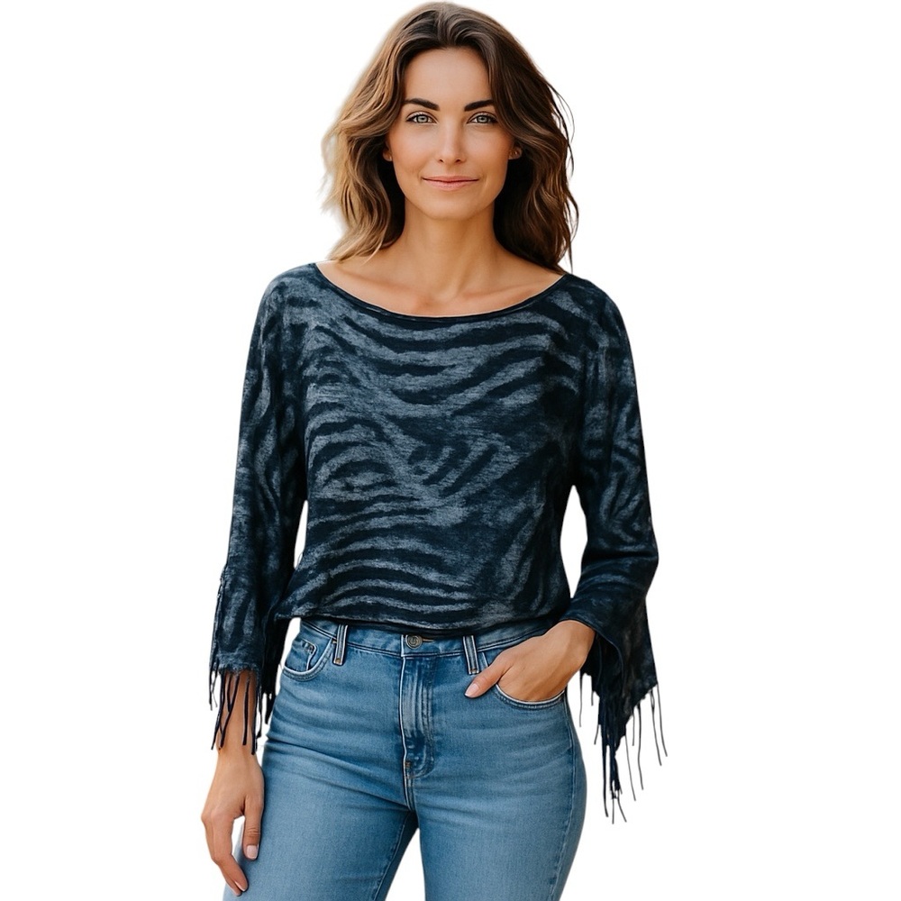 ALBERTO MAKALI NEW YORK FRINGE BLUE FRINGE ARM CROP TOP LONG SLEEVE BLOUSE S